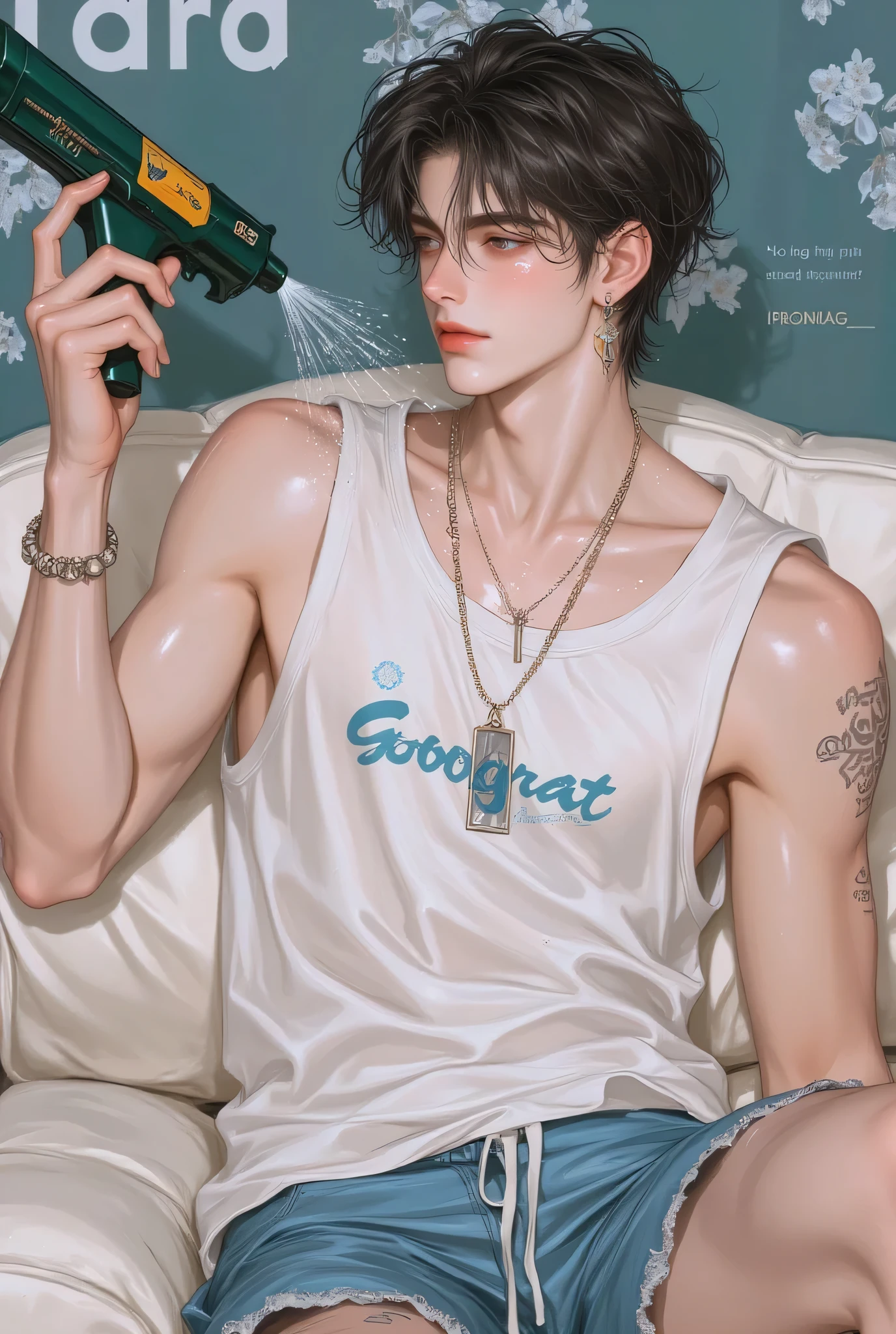 1boy, adult, handsome, perfect face, detailed eyes and face, clean shaved, sixpack, dynamic lighting, unreal engine 5, hd picture, satoru gojo, white hair, clean armpits without hair ,short hair, blue eyes, white skin, bed mattress details, basketball jersey, white eyelashes