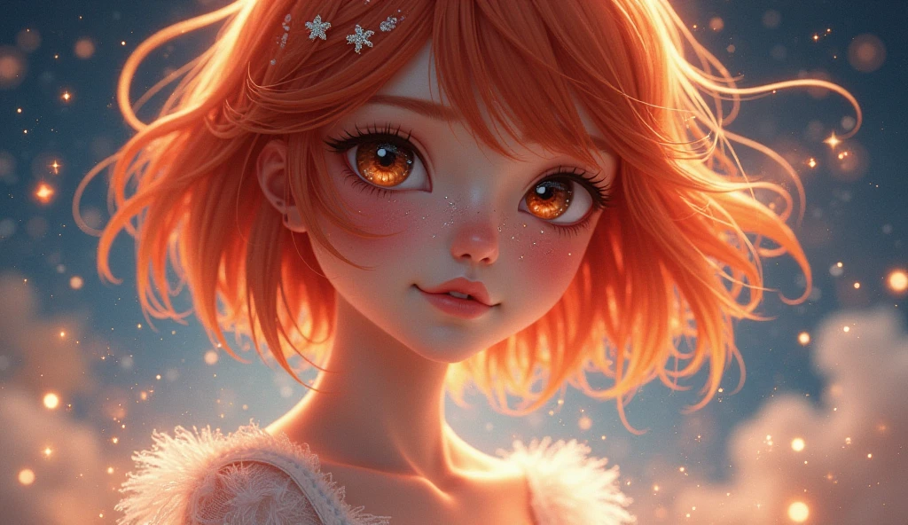 A redhead, with short wavy hair, with cat ears, and a little bow of stars, and a very cute and kawaii face