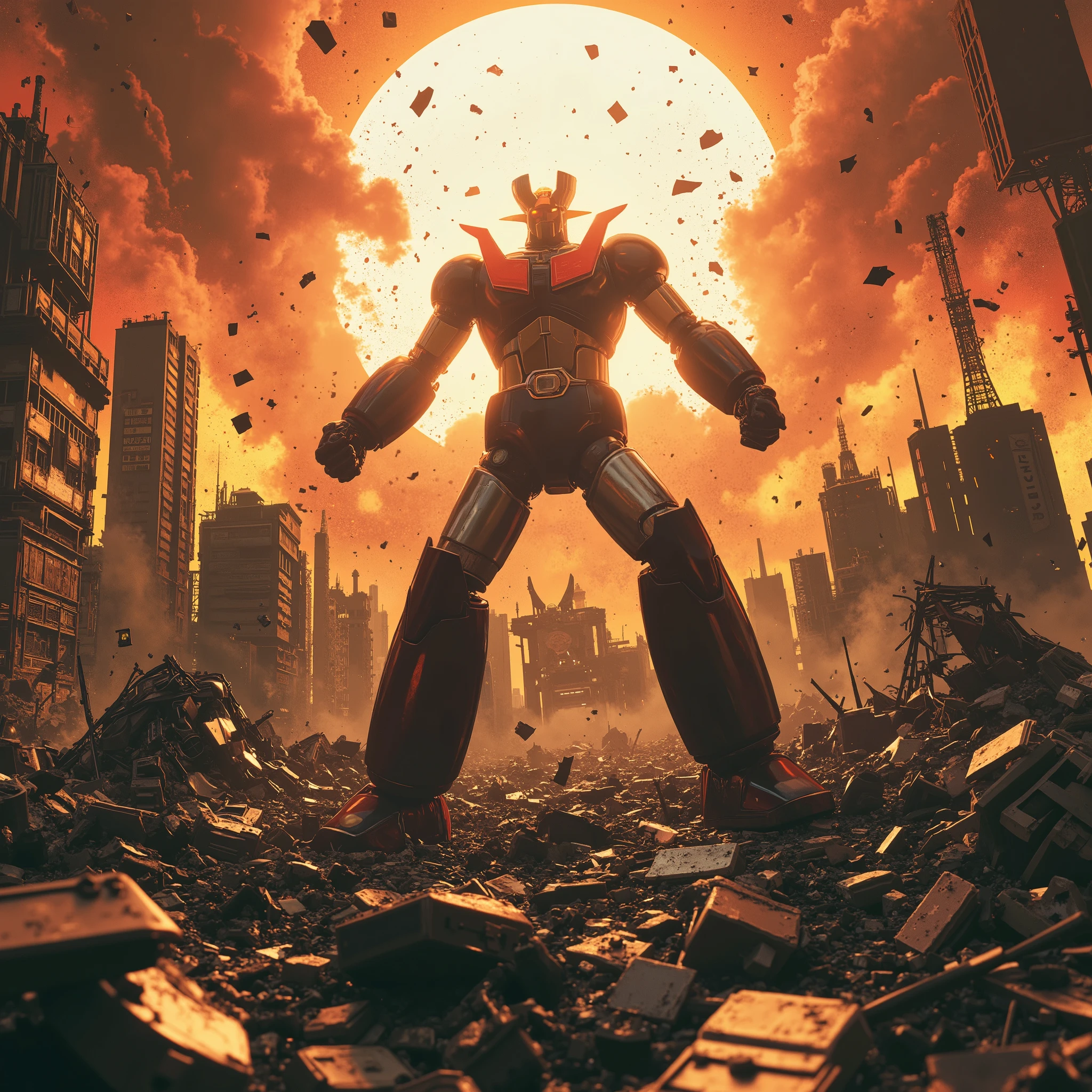 very realistic version of Mazinger Z , 100 Meters High Extremely Realistic Mazinger Z,break through the scattered light of the destroyed city 、 the sun shines Mount Fuji Punch Pose Futuristic debris and exploding flames unfold in apocalyptic chaos。METALLIC DYNAMIC SCENE