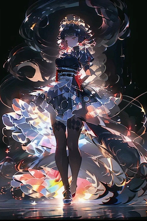 ((best quality)), (( masterpiece)), ( detailed), 1 Girl, Alan Jo，brunette，Colored inner hair， multi-colored hair ， red eyes，Redhead， short hair，Bi-color hair， apron， 黑色pantyhose， 黑色shirt， 黑色skirt， Ear piercing， fin， 鱼Tail， Maid， Maid apron， Maid头饰， pantyhose， perforation， 蓬松的Short sleeve， puffy sleeves， [ shark girl ]， (鲨鱼Tail)， shirt， Short sleeve， skirt， Tail， Two-tone hair， Wrist cuffs，(The brightly colored fluorescent glass church)，Holy，light shone on Elaine's body while she was praying,[The inside test of the hair was red and the outside was black]