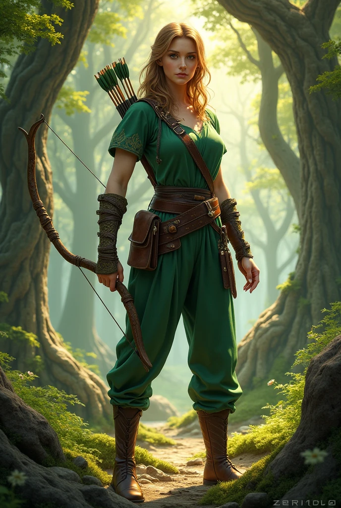 A female ranger with green clothes in fantasy style, from the front ...