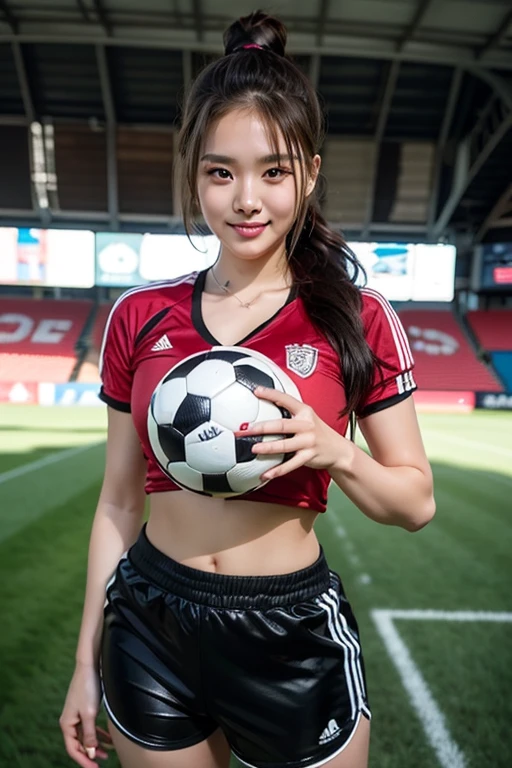 ((Best Quality, 8K, Masterpiece: 1.3)), 1girl, Slim Abs Beauty: 1.3, (Hairstyle Casual,Super Big Breasts: 2.5), Dress: 2.5, Super Fine Face, Delicate Eyes, Double Eyelids, Smile,Korean Girl,Age 17,Ponytail Brown Hair,Tight Wet Red Arsenal Shirt And Torn Wet White Mini Skirt Outfit,On The Football Field,And Playing Football,Kick The Ball And Goal,Girl Drinking Milk,(nsfw:1.5),NSFW,
