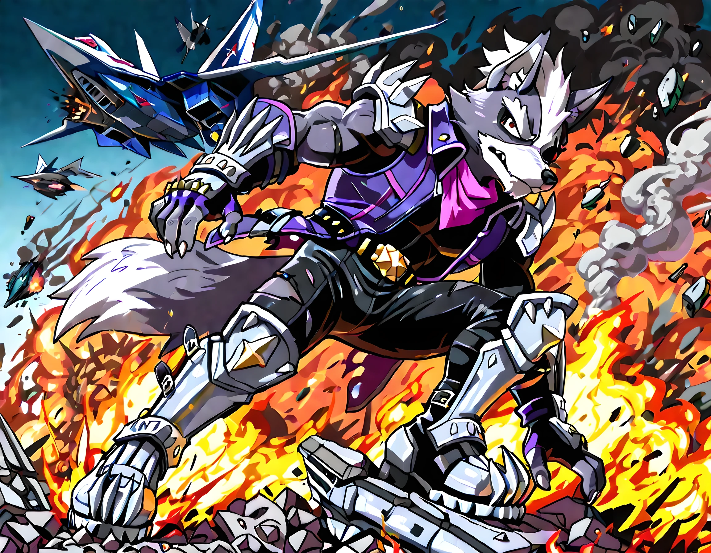 Wolf O'Donnell, Red Eye, Right Eyepatch, Pink Kerchief, Purple Sleeveless Jacket, Black Bodysuit, Purple Fingerless Gloves, Metal Boots, Gold Buckle, crawling out of rubble, destruction, crashed space ship, arwing crashed, fire, smoke, torn clothes, muscular, full body, stepping over rubble,
