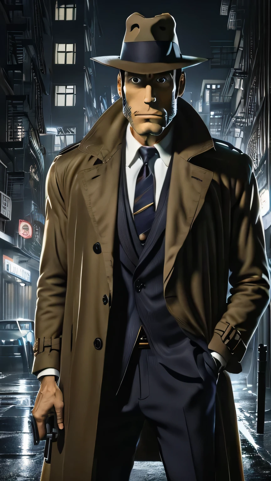 (1 person, zenigata ), (Highly Detailed CG Unit 8K Wallpaper),(master part), (Best Quality), (Ultra Detailed), (best illustrations),(Ghibli Style), cowboy shooting, (sharp eyeliner, shadow, detailed eyes:1), Dark City, outdoor, ,break , (Mad Sin City ), upper body, 1940 , Noir, night , trench coat