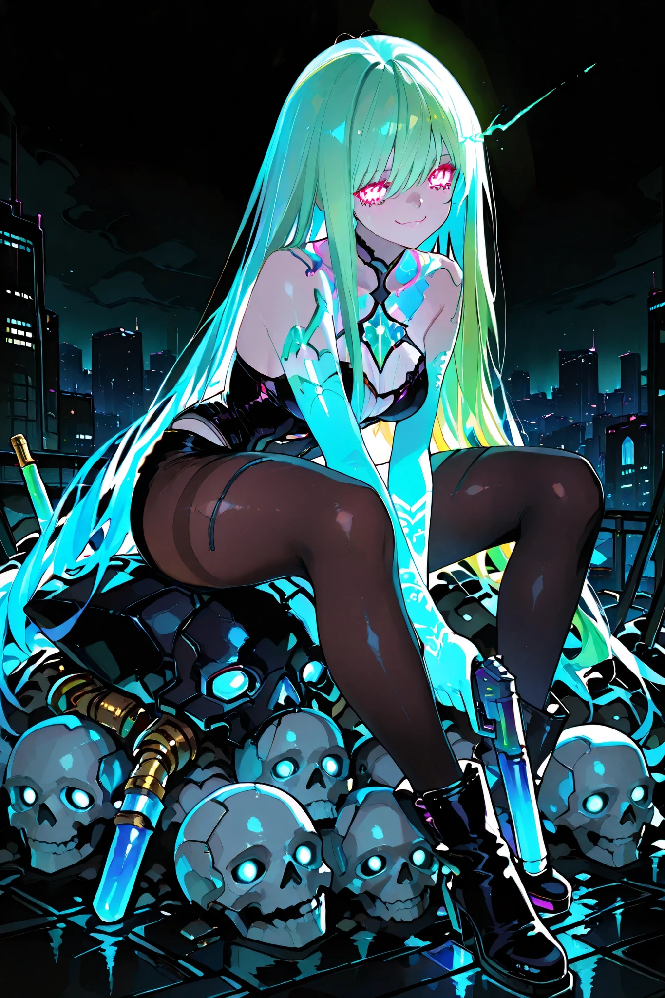 Dark Theme, Dark _ fantasy, cyberpunk,The miracle of machines,exist, Cybernetic Guardians ,Purple、simple background,beautiful women,( long hair:1),(tights made of thousands of luminous crystal tubes:1.4),Precision components,Fractal Art,colorful,digital painting,( glowing lights and LEDs :1.3),( chest with glowing LED lights :1.2), medium breasts ,(background:an elaborate Dark cityscape:1.1),(Delicate Glowing Eyes:1.2), Fearful ,Tattoo,separate focus,look from the bottom up,Disorganized smile ,cyberpunk,(Lean forward),Glowing Hands ,Holding a gun,(attack),sitting cross-legged on a pile of skulls., Dark _ fantasy, cyberpunk,The miracle of machines,exist, Cybernetic Guardians