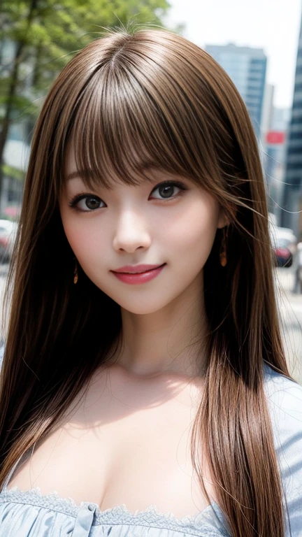 Upper body photo、Take close-up photos of your face、Large Breasts、 Large Breastsの谷間, Natural Lip、Fair skin、Great light、Beautiful lighting、((Straight Hair:1.2))、Brown Hair、Blunt bangs、Detailed embroidery、Off-the-shoulder dress、Gorgeous Accessories、Outdoor Background、smile、かわいいsmile、Crowds in the city