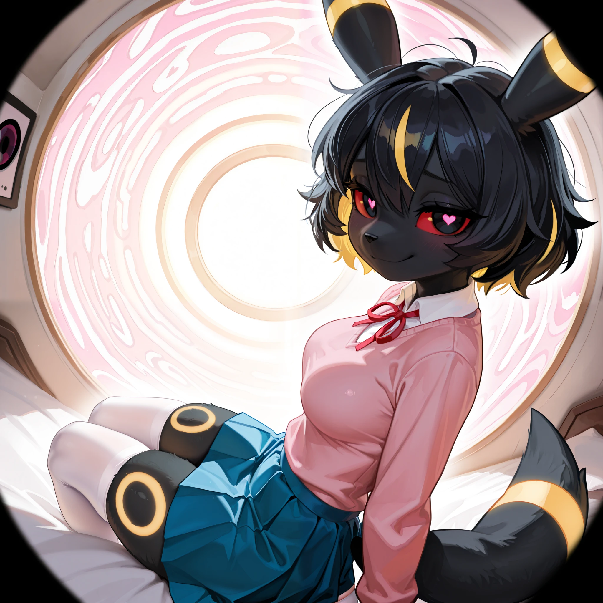 masterpiece, best quality, amazing quality, very aesthetic, high resolution, ultra-detailed, absurdres, newest, scenery, no lineart, cinematic, dynamic angle, solo, ambient lighting, Very shy expression, 1girl, anthro, furry, fur, fluffy fur, umbreon girl, black hair (yellow highlights), short hair, messy hair, 19-year-old girl, black eyes, red sclera, hips, medium breasts, thighs, (bedroom), (pink sweater, red ribbon o meck, white shirt, blue skirt, white stockings), half-closed eyes, detailed, awkward smile, monitoring, (psychedelic):1.2, heart-shaped pupils, colors, fisheye, pov peephole, eyeball, from side, looking at viewer
