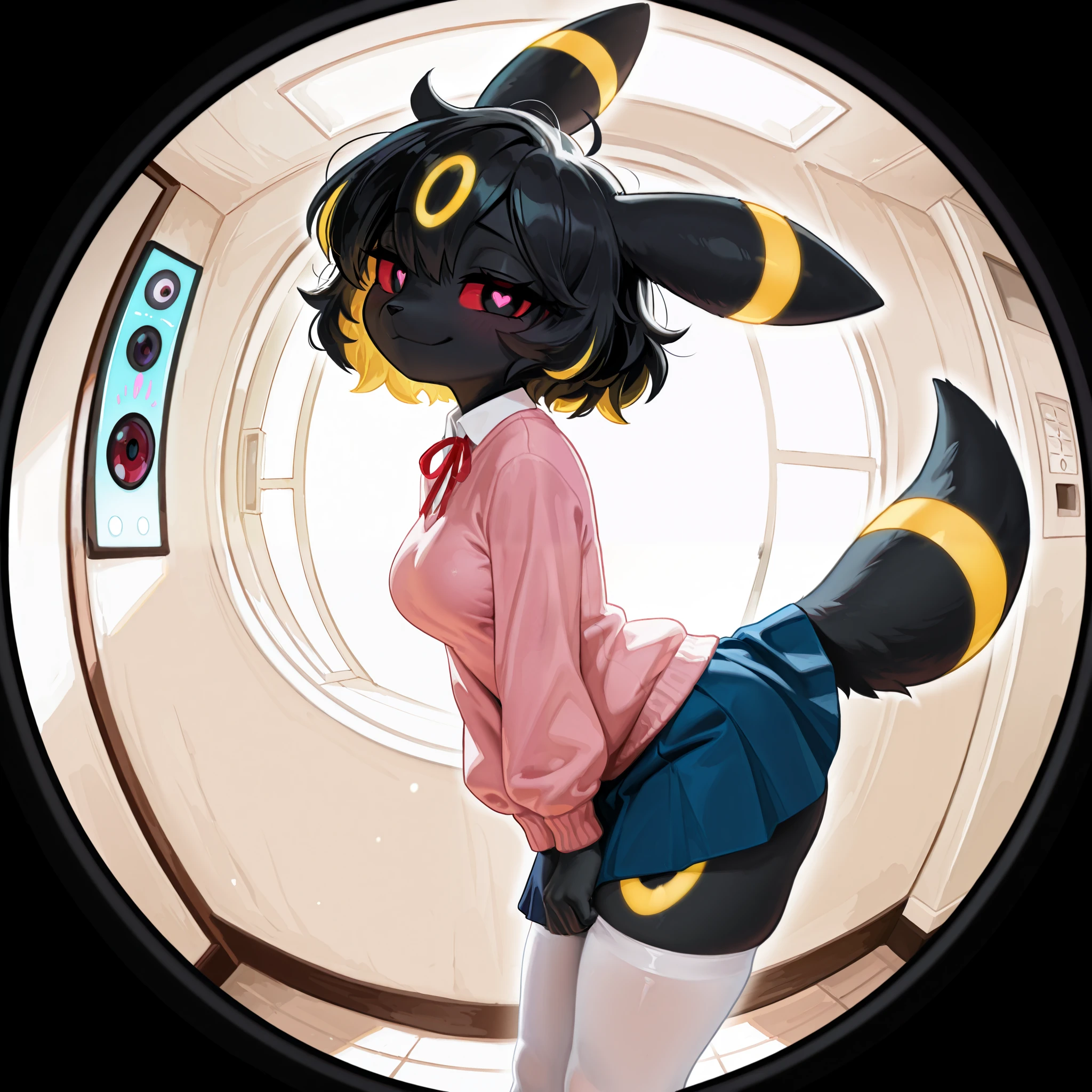 masterpiece, best quality, amazing quality, very aesthetic, high resolution, ultra-detailed, absurdres, newest, scenery, no lineart, cinematic, dynamic angle, solo, ambient lighting, Very shy expression, 1girl, anthro, furry, fur, fluffy fur, umbreon girl, black hair (yellow highlights), short hair, messy hair, 19-year-old girl, black eyes, red sclera, hips, medium breasts, thighs, (bedroom), (pink sweater, red ribbon o meck, white shirt, blue skirt, white stockings), half-closed eyes, detailed, awkward smile, monitoring, (psychedelic):1.2, heart-shaped pupils, colors, fisheye, pov peephole, eyeball, from side, looking at viewer