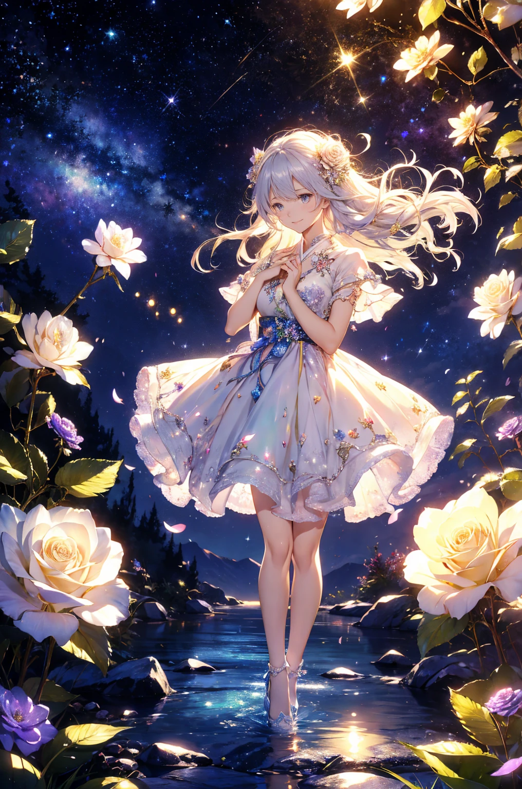 Top quality, High target_solve, clearly_image, Detailed background, girl, flower, flower园, Starry Sky,