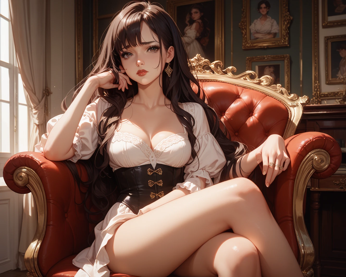 (2girls:1.3), princess, long hair, passionate, (extremely detailed beautiful face), (Beautiful girl in a princess dress:1.5), (lace dress:1.4), Amazing face and eyes, (The sexiest look), (Best Quality:1.4), (hyper quality), (Ultra-detailed), (extremely detailed CG unified 8k wallpaper), Highly detailed, RAW Photos, Professional Photography, sitting, (A luxurious living room with paintings of girls sex on the walls:1.6), (golden chairs, golden ornaments, dazzling brilliance:1.2), luxurious, gorgeous, secret, sexy shot, Magnificent, great, transcendental scale, Feeling of freedom, exposing, famous sexy movie scenes,