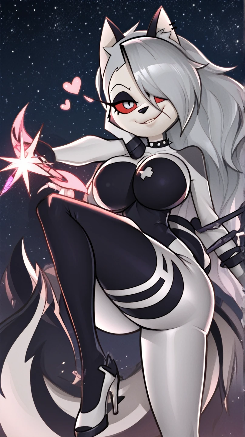 best quality, best resolution, (fluffy anthro furry), arctic fox girl, silver hair, red eyes, (white fur), long straight hair, big breast, sadistic smile, (black latex leotard, latex stockings), dark room, red lighting, holding horse whip