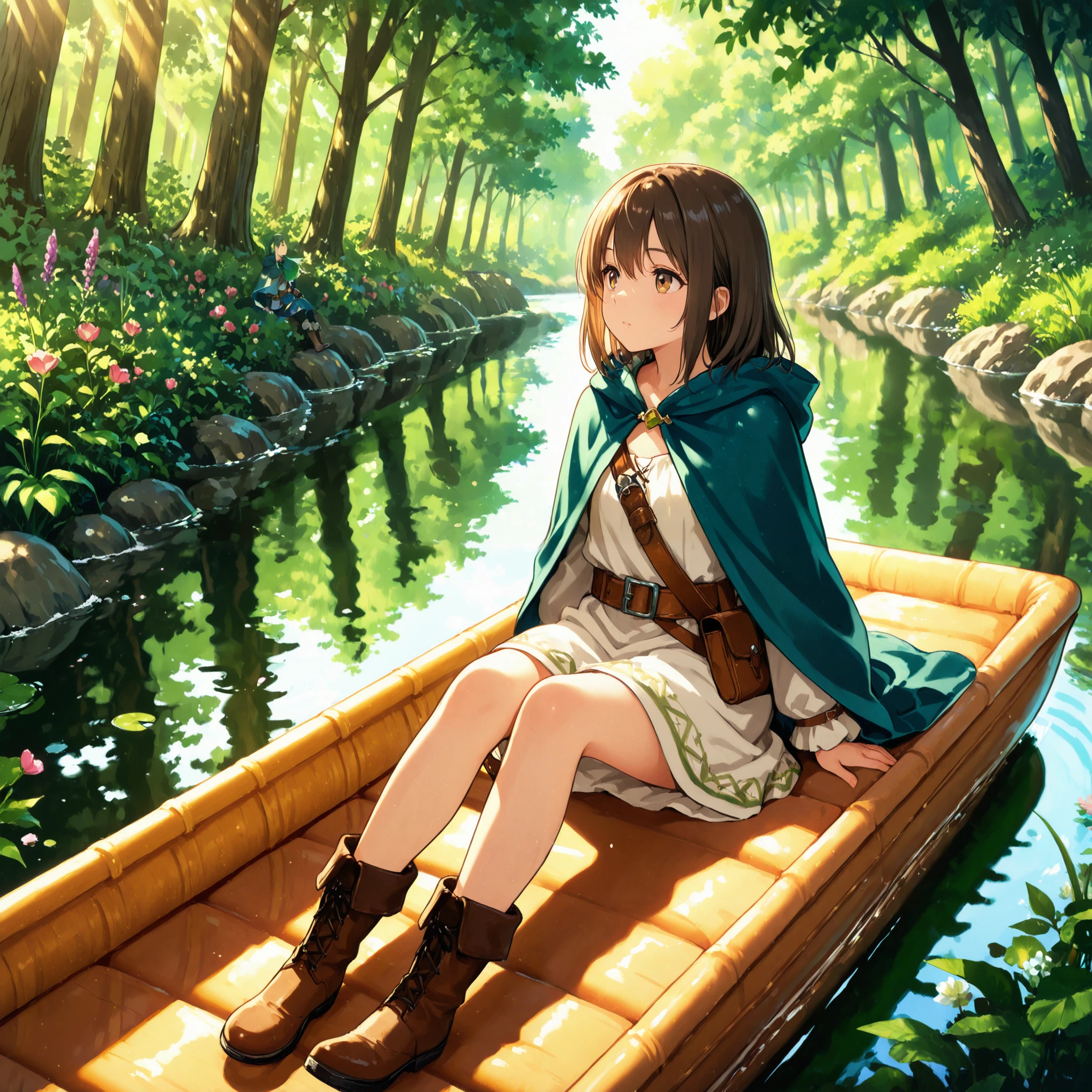 A fantasy illustration of a young adventurous girl sitting calmly on a raft floating in the center of a serene river. The setting is magical and lush, with dense greenery and vibrant flowers lining the riverbanks. The girl wears practical fantasy adventurer clothing, including a cloak, boots, and carrying gear such as a small satchel or dagger. The atmosphere is peaceful, filled with soft, warm sunlight filtering through trees, creating reflections on the water. Her expression is thoughtful, gazing into the distance, indicating a journey ahead.