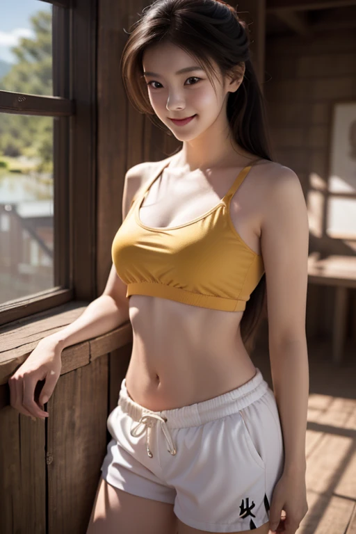 Mystical woman, coxas grossas, short underwear, destaque a grossura das coxas tonificada e atraentes, Realistic, fundo amarelo e verde combinado. Apenas mostre as coxas completas