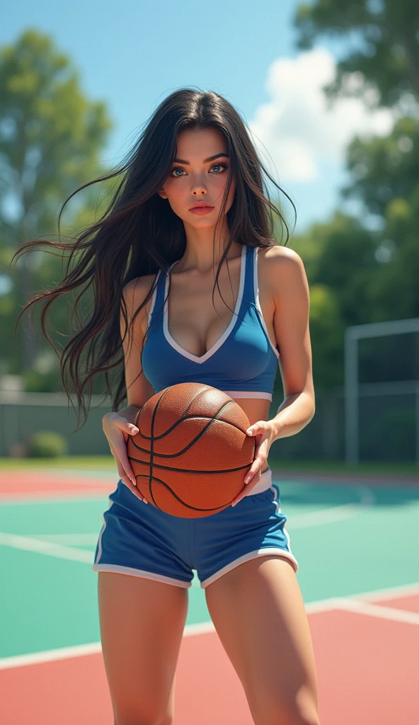1girl, american indian, fitness influencer, basketball court, cheerleader, long black hair with bangs, perfect hands, perfect eyes, close-up