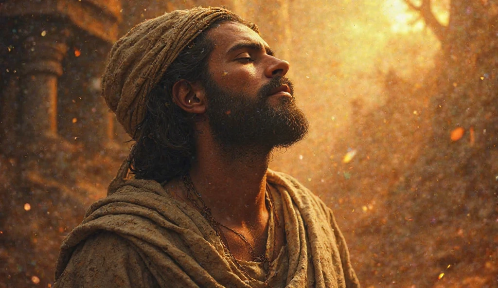 heliphase aconselhando Job em um estado deploravel com feridade todo o cormo e vestimentas rasgadad: "heliphase, with a serene expression and eyes turned to heaven, , advises Job to seek God, , emphasizing the greatness of the Creator and the importance of trusting Him.."