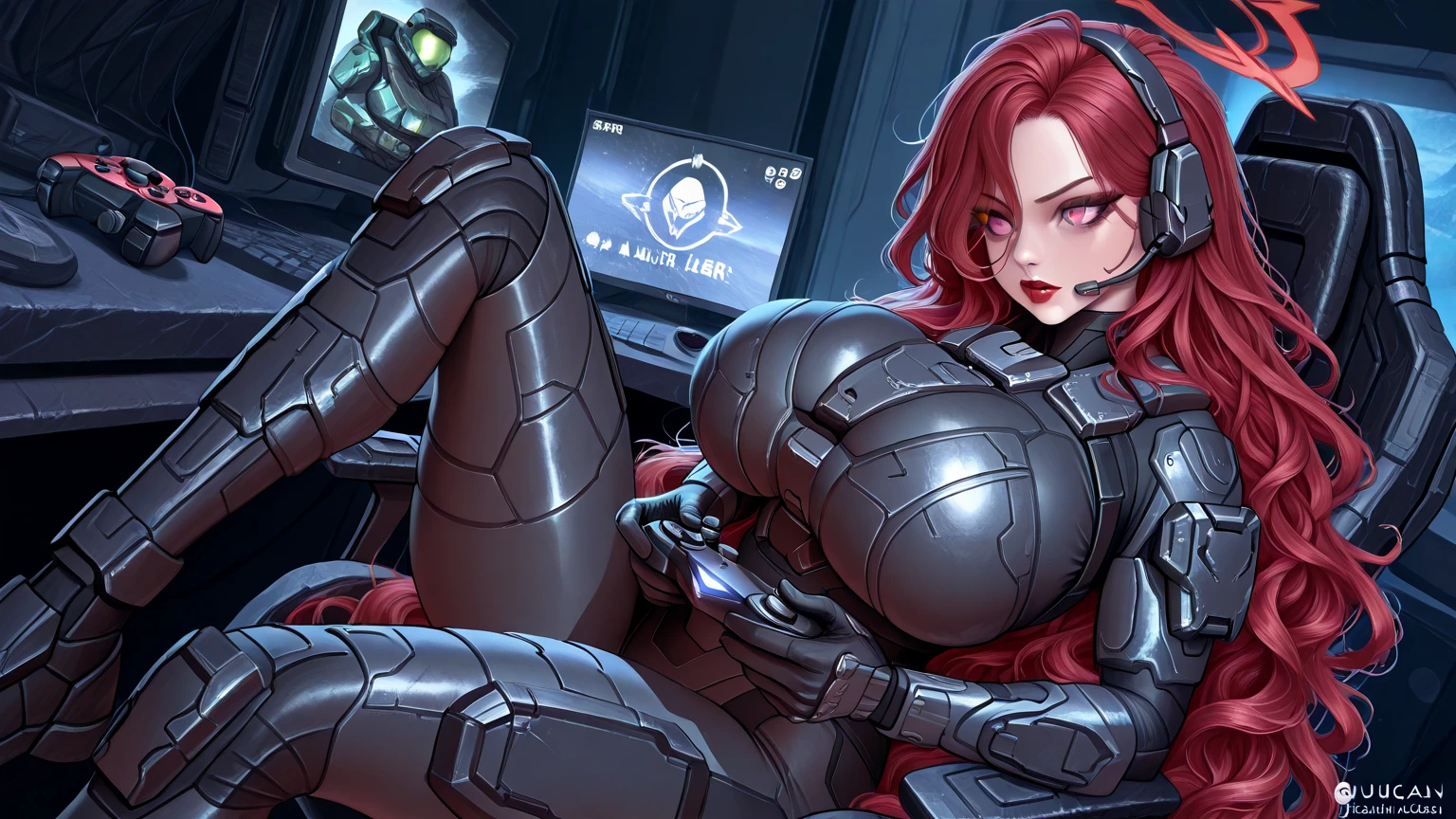 Sexy (Adorable), woman, Beautiful detailed Face, (medium breasts), (perfect Protruding nipples), military, long Ginger hair, Unreal Engine 5.1, ChromaV5 render, ultra realistic digital art, hyper detailed, intricate, in the art style of Wlop, karol bak, grin, (anime style:0.3), glowing symbols,
