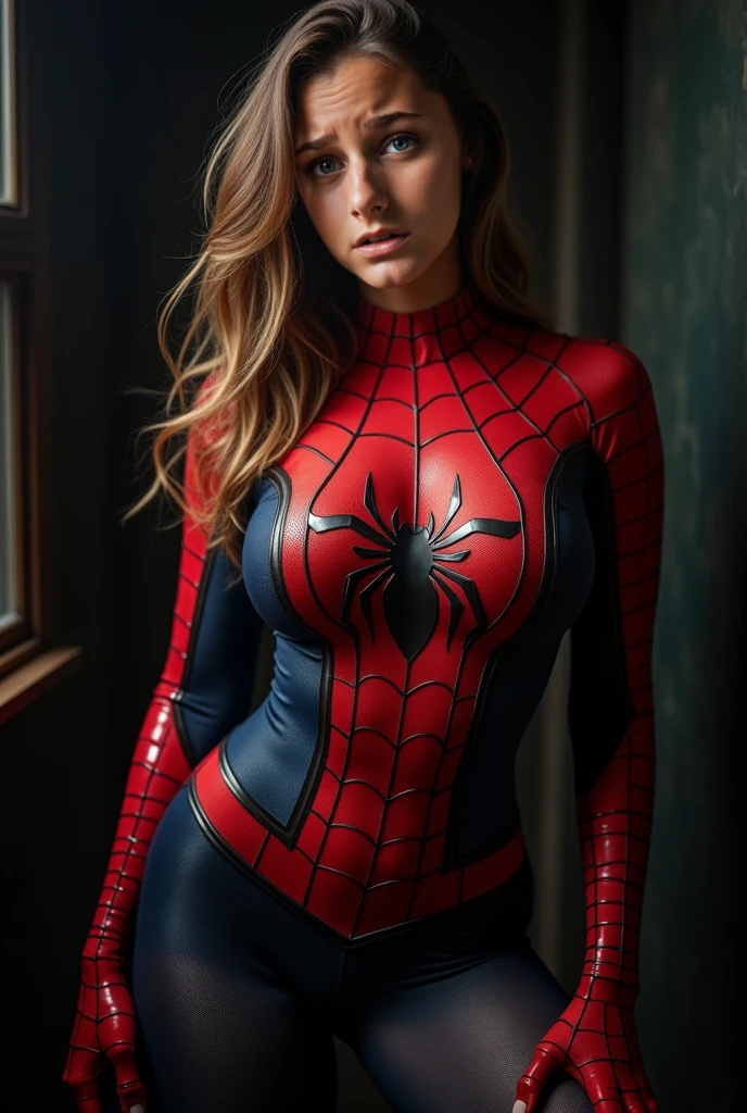 (1girl:1.3), Solo, (((Very detailed face)))), ((Very detailed eyes and face)))), Beautiful detail eyes, Body parts__, Official art, Unified 8k wallpaper, Super detailed, beautiful and beautiful, beautiful, masterpiece, best quality, original, masterpiece, super fine photo, best quality, super high resolution, realistic realism, sunlight, full body portrait, amazing beauty, dynamic pose, delicate face, vibrant eyes, (from the front), She wears Spider-Man suit, red and black color scheme, spider, very detailed city roof background, rooftop, overlooking the city, detailed face, detailed complex busy background, messy, gorgeous, milky white, highly detailed skin, realistic skin details, visible pores, clear focus, volumetric fog, 8k uhd, DSLR, high quality, film grain, fair skin, photo realism, lomography, futuristic dystopian megalopolis, translucent, big breast d cup, cleavage, full body