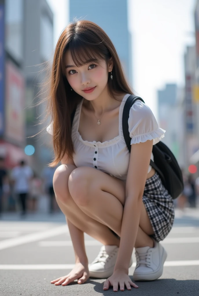 (8K、Raw photography、top-quality、masterpiece:1.2),Detailed face and eyes,Best Quality, 超A high resolution, Highly detailed ,intricate detailes ,masutepiece ,Cute Girl , Soft cinematic light, Hyper-detailing,Sharp Focus, High quality, blondehair, Longhaire, tits out,((light blue cardigan)),((White shirt)),(Denim miniskirt)、Black socks、(Black knee socks)、(Loafer shoes)、on tokyo street、natta、A city scape