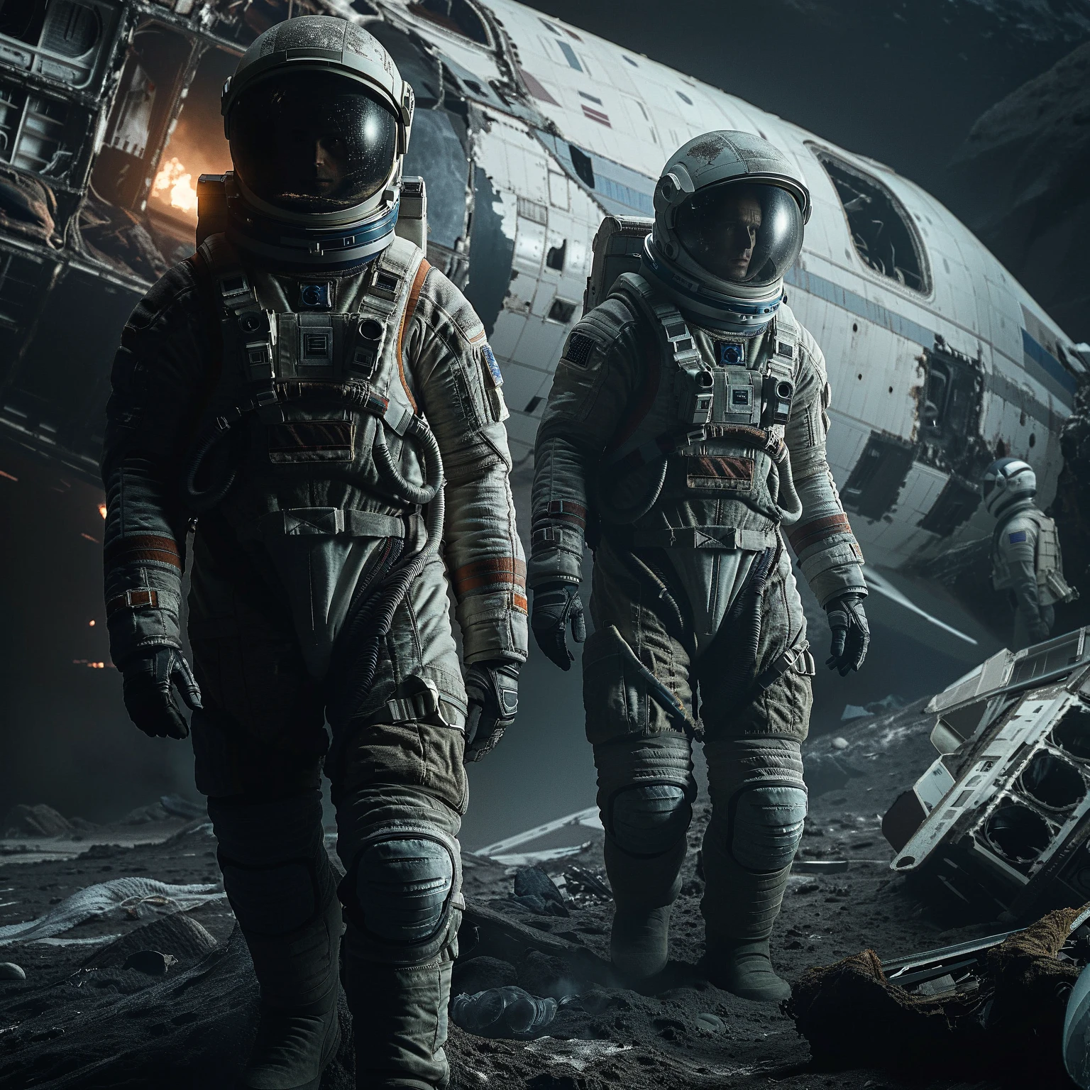 two astronauts in spaces standing in front of a wrecked plane, astronauts, dusty space suit,  dramatic sci-fi movie still, interstellar space suit, spaceship crash on alien planet, 8 k movie still, sci-fi cinematic movie still, vrecked spacesip in background, 