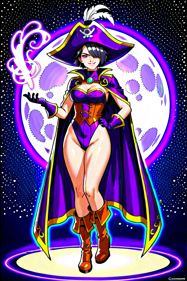 Trading card, witch, sexy pose, big breasts, big ass, iridescent black witch hat, iridescent black sexy dress, redhead bob haircut, smile
