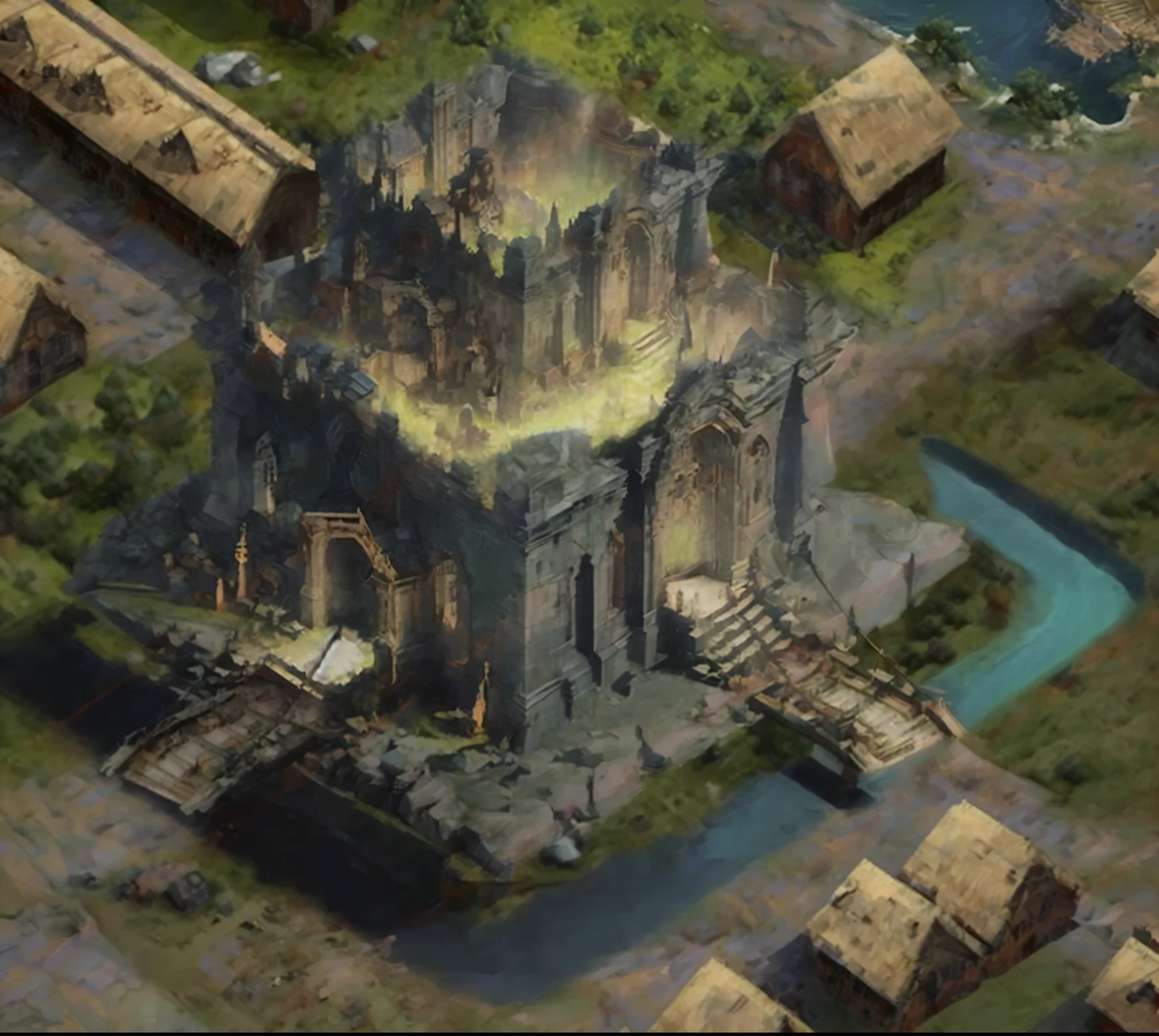 ((Highest Quality)) , (in motorized mode) , (Very detailed) , ( Detailed description ) , ((best CG )) , ( masterpiece) , Ultra Detailed Art , Amazing Painting Art , (Fantastic art with intricate details:1 . 5),city,Primitive tribe,city合理规划,There are city walls,The city wall is a combination of huge stones,The ground is paved with gravel bricks,There are trees and meadows on both sides of the road,There is a suspension bridge at the entrance of the city that can be raised and fallen,city四周有河流