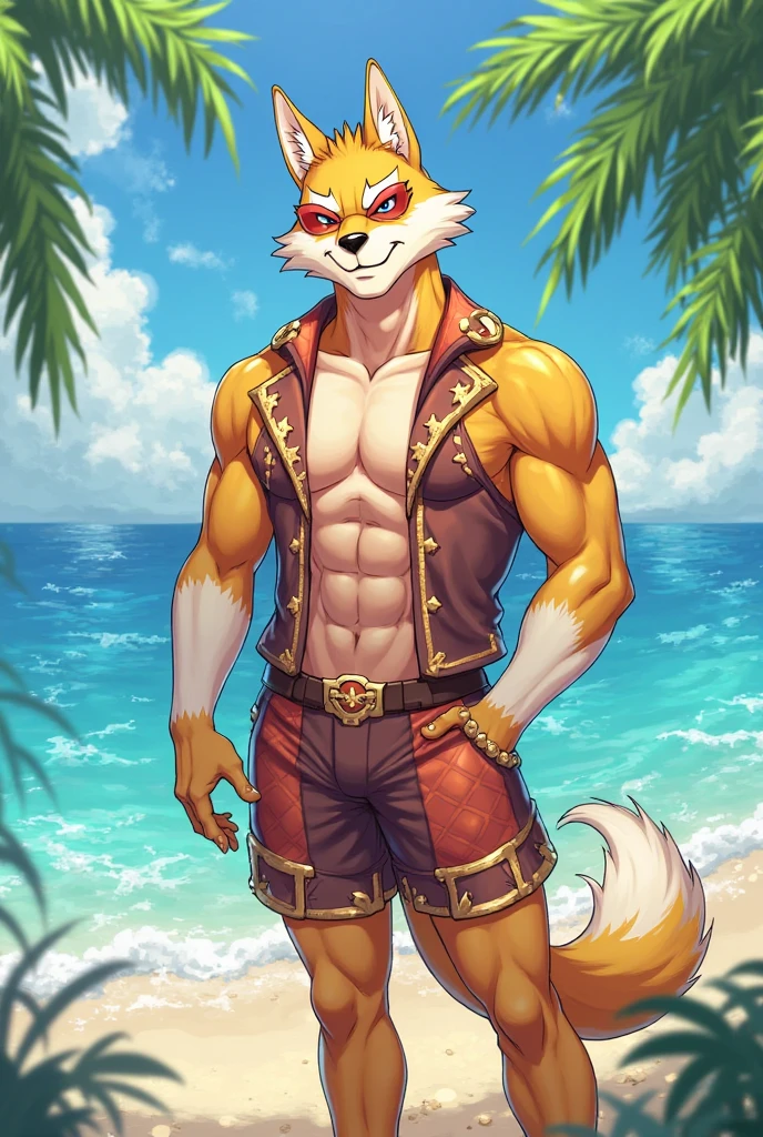 Glamrock overly muscular adult Freddy flexing his arms wearing a small black thong on the beach while wet