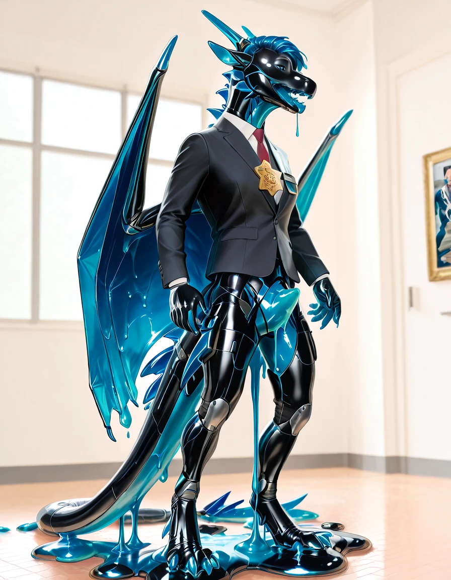 Hd, masterpiece, best quality, (adult human man transforming into synthetic dragon droid as his body is encased in black metallic goo slime:1.7), (partial transformation), (photorealistic raw high resolution photograph, award winning photography:2), (real life photo:2), (human mechanical night fury dragon hybrid inside factory reservoir:2), (dripping liquid metal goo encasement:1.5), (standing in metallic liquid goo slime pool inside nanotech lab liquid metal storage reservoir:1.7), (part human:1.8), (bipedal to quadrupedal feralization:1.25), (inside of a futuristic nanotech factory:3.5)
