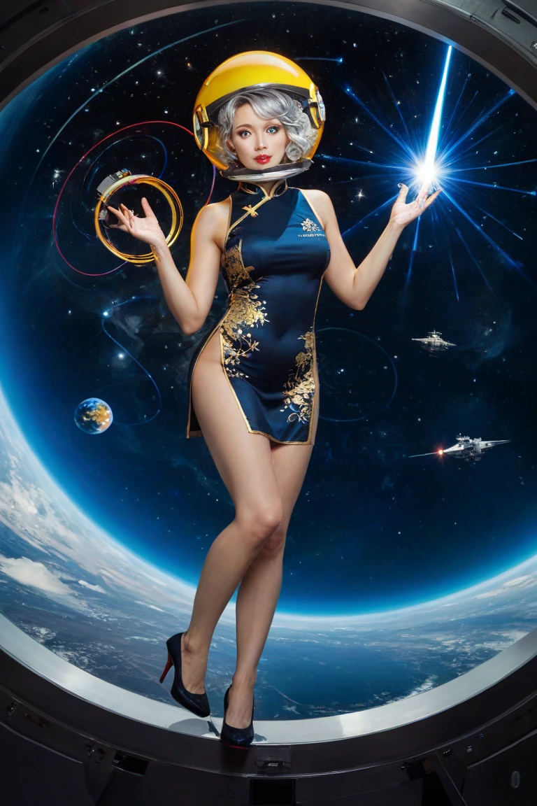 Highest quality, masterpiece, Realistic, High resolution, 8K RAW Photos, 1 girl, Browsing Caution、Medium Long Hair、((Glamour body:1.3))、(Star motif red dress、Gold-rimmed、Tar Pendant、Star Earrings、(((Action pose)))、(Hill where you can see the night sky)、(Airship in the sky:1.2)
