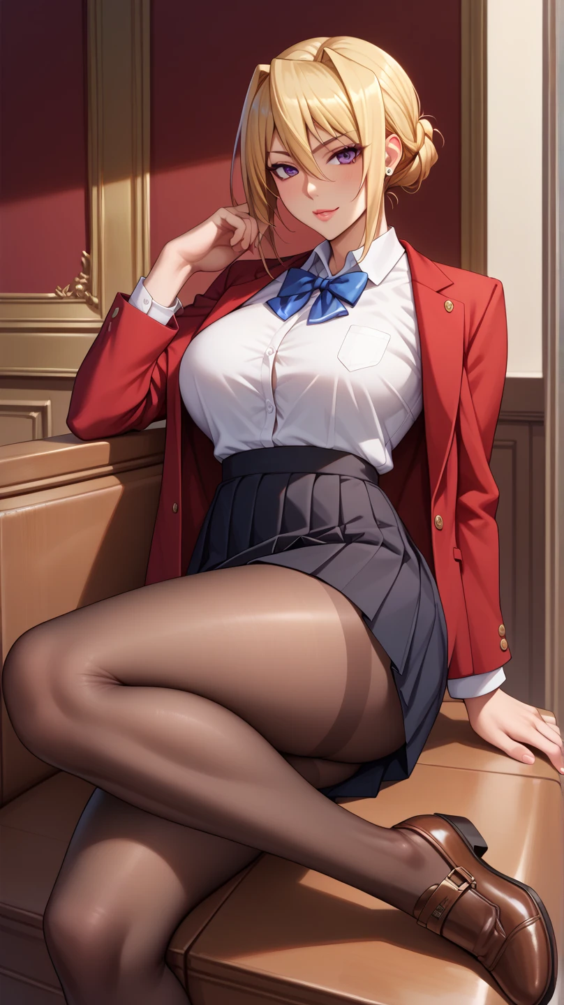 (masterpiece, best quality:1.2), solo, 1girl, takebadef, smile, looking at viewer, , cardigan, bow, red lingerie, choker, earrings, classroom , large breasts, full body, sitting on chair, open legs,