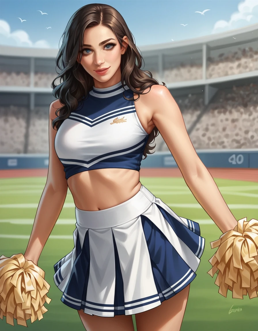 score_9, score_8_up, score_7_up, score_6_up, score_5_up, score_4_up, 1girl, solo, skirt, curly long black hair, lipstick, looking at viewer, hud_ch_ldr, cheerleader, blue and white crop top, blue and white pleated skirt, blue pom pom \(cheerleading\), bleachers, stadium background, outdoors, american football, light smile