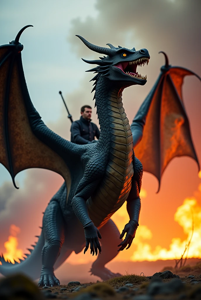 Il fait jour et le doleil brimle
 Un dragon crache du feu sur la foule. Réactions de panique Style steampunk 
