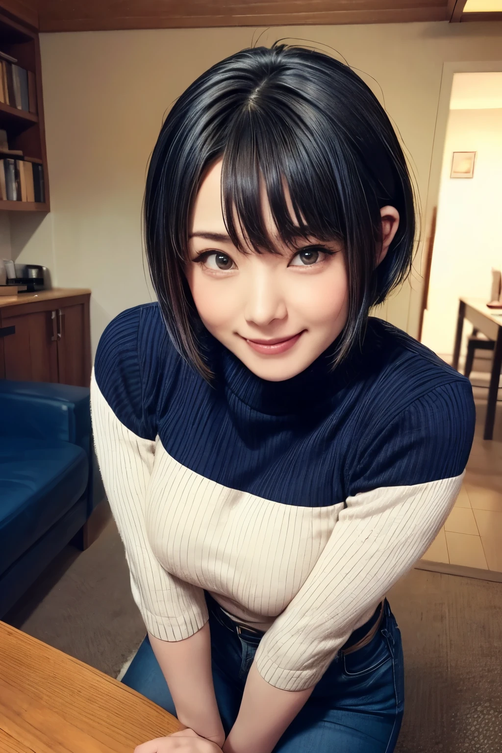 fantastic、realistic、masterpiece、Ultra High Definition、realisticな質感、人間らlike質感、born々like、非常に美likeblueのデザイン、 Very beautiful and cute adult woman 、Full of charm、An appeal full of overwhelming transparency、smiling very happy、The beauty of the golden ratio、Perfect Anatomy、非常に背の高い美like女性、very short hair、短いショートヘアーの美like髪、Beautiful long neck、brings out beautiful ears、big breasts, cleavage、(({blue| red|White|green|Purple|orange color} knitted sweater,Outfit with a hole in the chest 、{dynamic|Cinematic|stylish Japanese ninjas|acrobatic} angle,屋外の自然の美like緑の背景:2、))