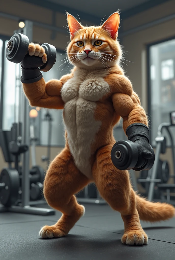 Draw a fitness cat,Standing form,Full of muscles,Portrait of American weightlifter from behind,Clean and jerk barbell,Overhead Barbell Press,Clench your teeth,Firm gaze,Working out at the gym。