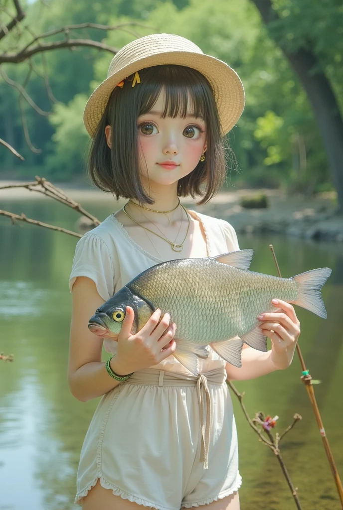 A cute little girl was especially happy to catch a fish