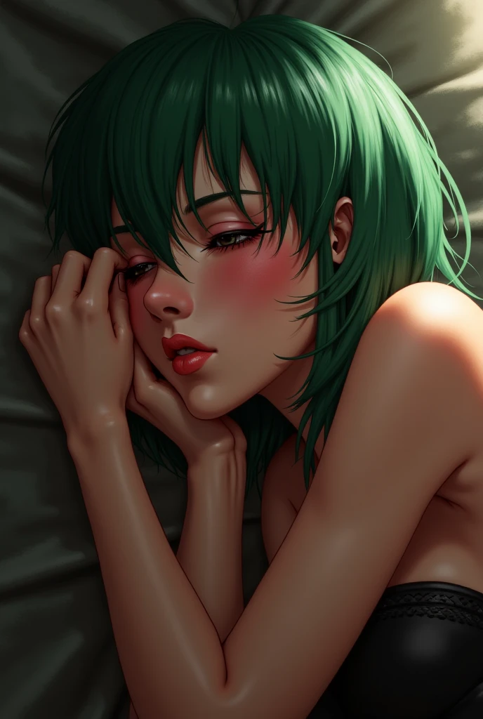(masterpiece:1.2, best quality:1.2, beautiful, high quality, highres:1.1), detailed, short hair, short fluffy hair, short green hair, extremely detailed 4K, perfect eyes, perfect face, revealing, scar on body, circle glasses, Maki Zenin LoRA, perfect lighting, (1girl, solo, adult female, showing cleavage, mature female), thin, lithe body, Maki Zenin, green hair, glasses, (big breasts), ((sensual seductive))