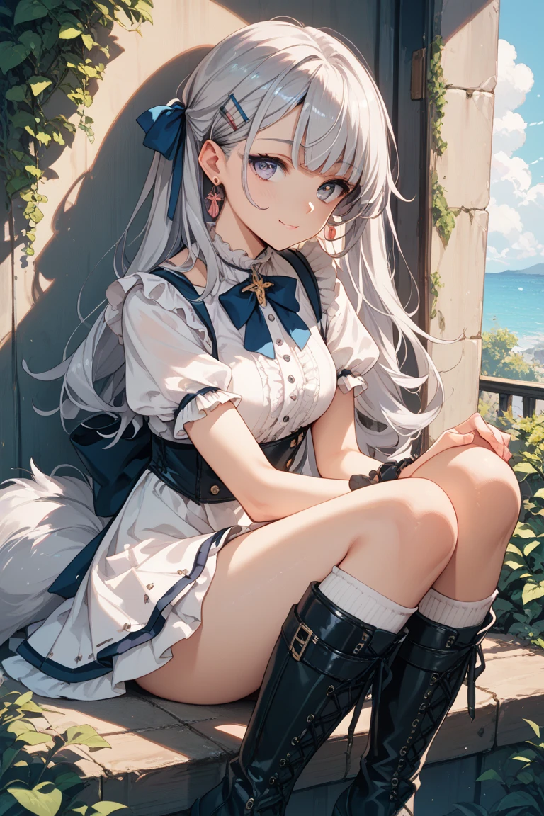 detailed face, cute face, ((masterpiece)), (Highest quality))), (Character design sheet, National costume, same characters, front, ~ side, return), figure, 1 girl, whole body, Silver Hair, eyes hair, Beautiful Eyes, Princess Cut, Environmental change scene, Short skirt, Shyness, woman, girl, Are standing, Gothic Lolita, VTuber, Chartern Betarola, (simple returnground, white returnground: 1.3) ( masterpiece:1.2), (Highest quality:1.3)