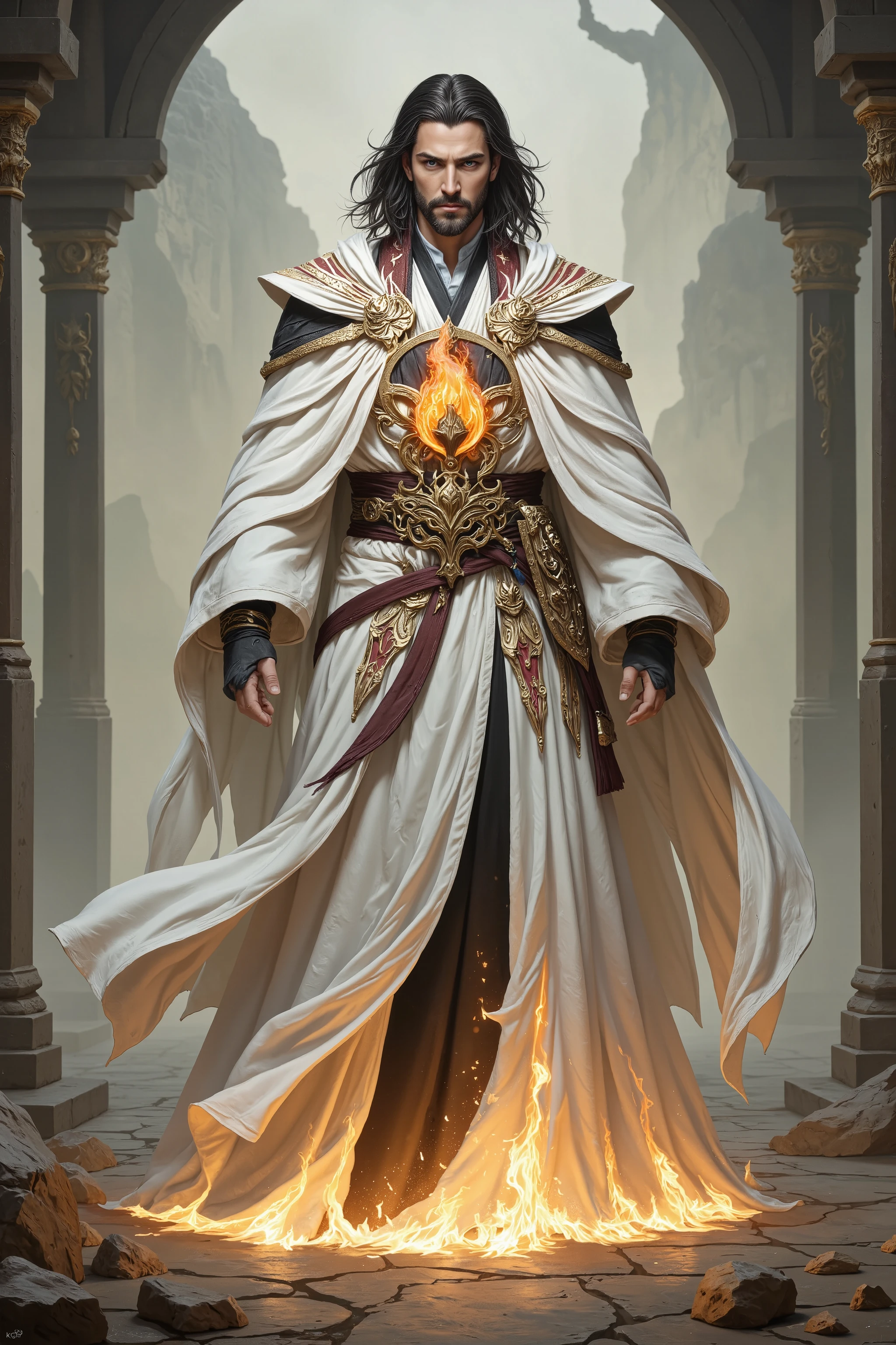 A male white-robed, black-haired, blue-eyed, handsome sect leader with a Fire emblem on him