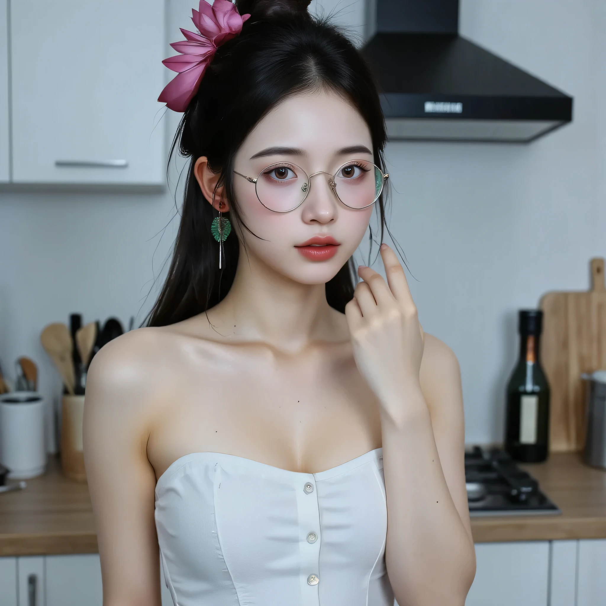 18 years old cute korean girl in round glasses with long brunette hair with long tail hairstyle on her head is posing in a very sexy white top and shorts staying in the kitchen