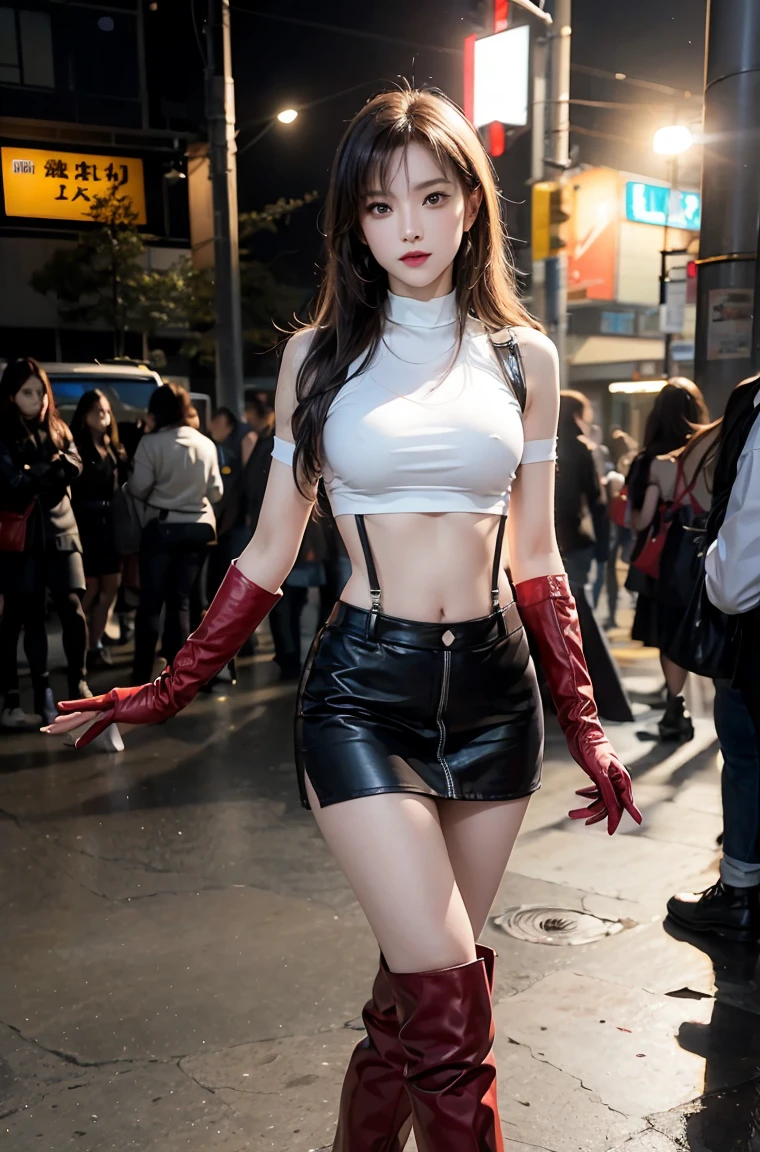 Alluring elven cyborg, soaked white cotton cropped top, crimson red latex short skirt, 1girl, supermodel pose, athletic but slim, HDR, studio lighting, heavy rain, wet, see-trough top,
