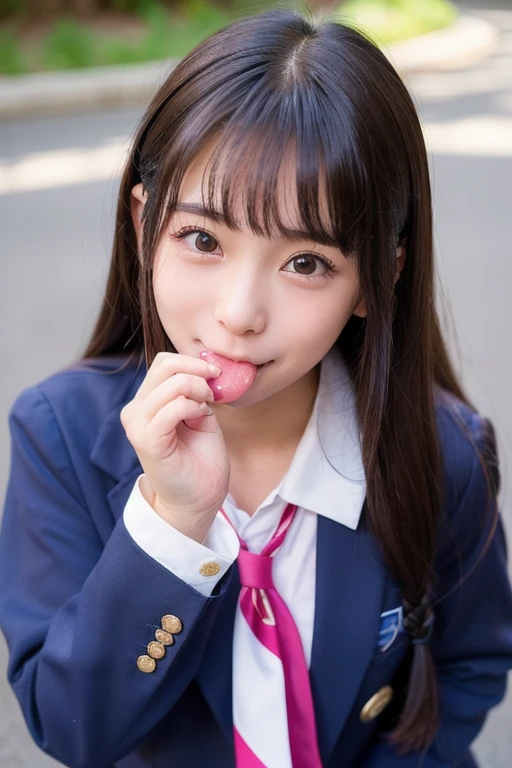 ((Highest quality)), Photogenic, Detailed skin, Detailed face, （Side-eyed tongue:1.5）,ahegao, Mouth Opening, Long wet tongue, Drooling tongue, School classroom,Red Tie Uniform, ((Neat grey blazer 1.4)),（(Grey no-tuck mini skirt:1.5)) ,15 years old, Shortcuts,Brown Hair, A mocking smile,（Thighs:1.5) ,knees, (((Crouched whole body:1.6))), pretty girl，Fresh and muscular thighs, loafers, White short socks with frills, Crouching, As if peering at me, Panty shot, ((((fellatio gesture: 1.6))), ((Spread your legs out to the side:1.4)), Anatomically correct,