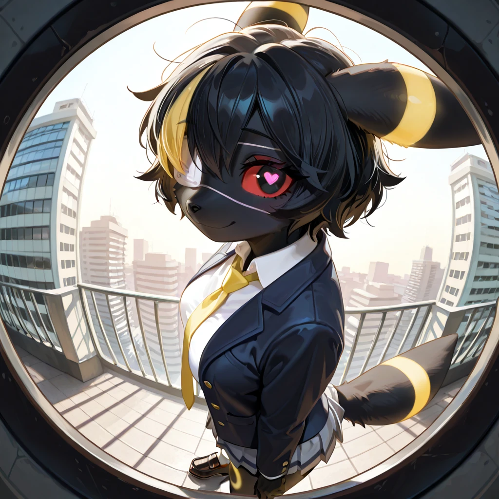 masterpiece, best quality, amazing quality, very aesthetic, high resolution, ultra-detailed, absurdres, newest, scenery, no lineart, cinematic, dynamic angle, solo, ambient lighting, Very shy expression, 1girl, anthro, furry, fur, fluffy fur, umbreon girl, black hair (yellow highlights), short hair, messy hair, 19-year-old girl, black eyes, red sclera, hips, medium breasts, thighs, outdoors, apartment buildings, [monitoring, (right eye focus):1.2, eyepatch, (psychedelic):1.2, heart-shaped pupils, smile, colors, fisheye, pov peephole, medical eyepatch, eyeball, from side, looking at viewer], school uniform, collared shirt, necktie, jacket, open jacket, long sleeves, pleated skirt, loafers, socks