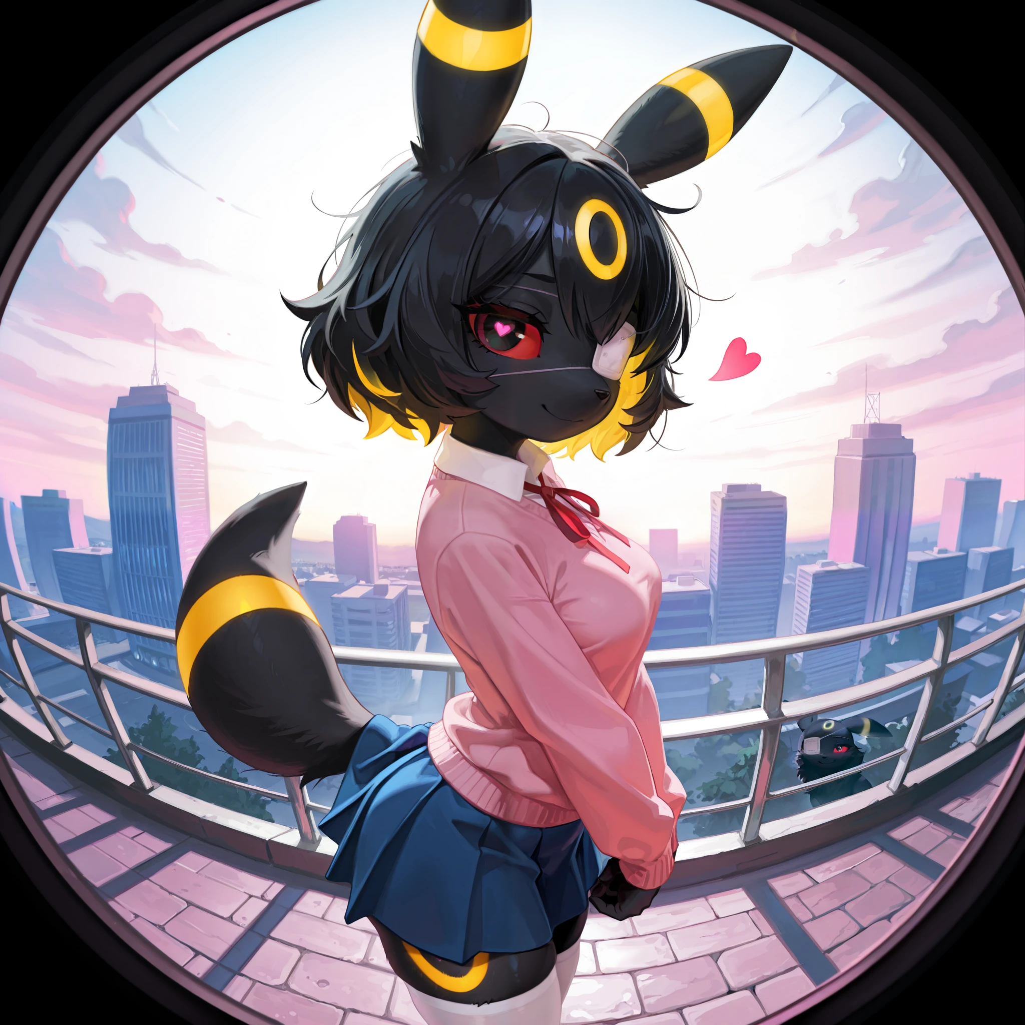 masterpiece, best quality, amazing quality, very aesthetic, high resolution, ultra-detailed, absurdres, newest, scenery, no lineart, cinematic, dynamic angle, solo, ambient lighting, Very shy expression, 1girl, anthro, furry, fur, fluffy fur, umbreon girl, black hair (yellow highlights), short hair, messy hair, 19-year-old girl, black eyes, red sclera, hips, medium breasts, thighs, outdoors, buildings, (pink sweater, red ribbon o meck, white shirt, blue skirt, white stockings), half-closed eyes, detailed, monitoring, (right eye focus):1.2, eyepatch, (psychedelic):1.2, heart-shaped pupils, smile, colors, fisheye, pov peephole, medical eyepatch, eyeball, from side, looking at viewer