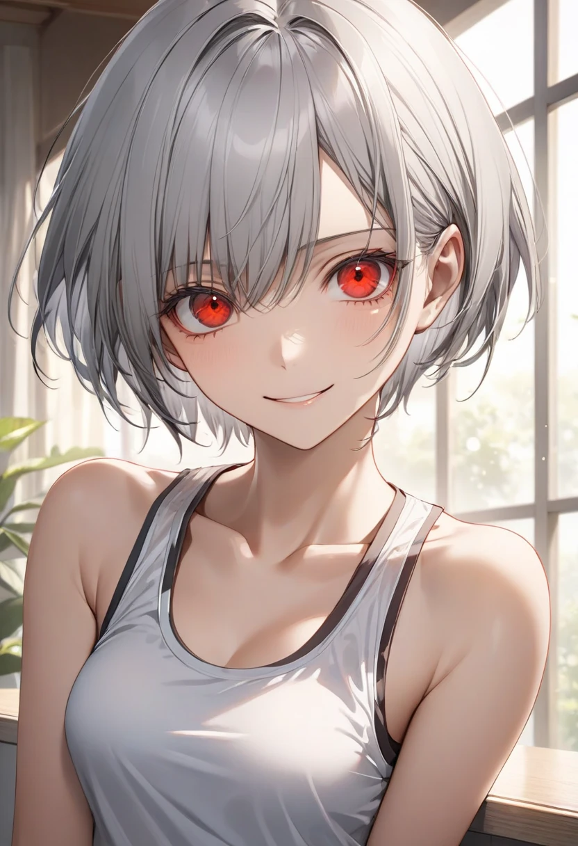 Highest quality, Realistic:1.37, Very detailed, Summer anime, Gray Hair, short hair, Tomboy Hair, Red eyes, Detailed eyes, beautiful, smile, smile, bright smile, Charm, Black tank top, Large Breasts, Erect nipples
