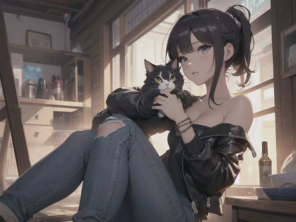 1 girl、solo、Landscape、Sitting、Cat ear、Black Hair、short hair、bangs、Cat's Tail、Holding a big black cross、Sitting on the floor holding your knees、cyber punk、neon、Shorts、Short sleeve、Town