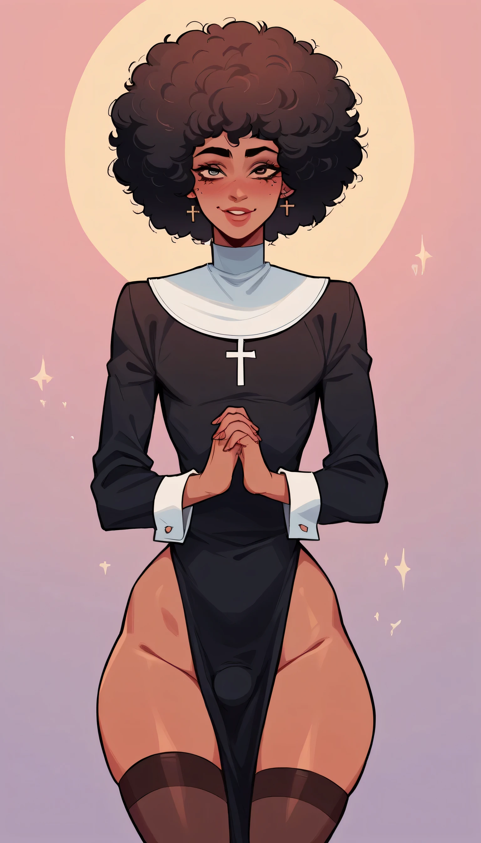 better quality, very detailed illustration short ruffled voluminous bouncy hair , afro hair, playful look, delgado, ideal body, thin waist , wide hips, simple drawing, Artifyber style , pastel flat colors , nun outfit, sexy, close up, femboy