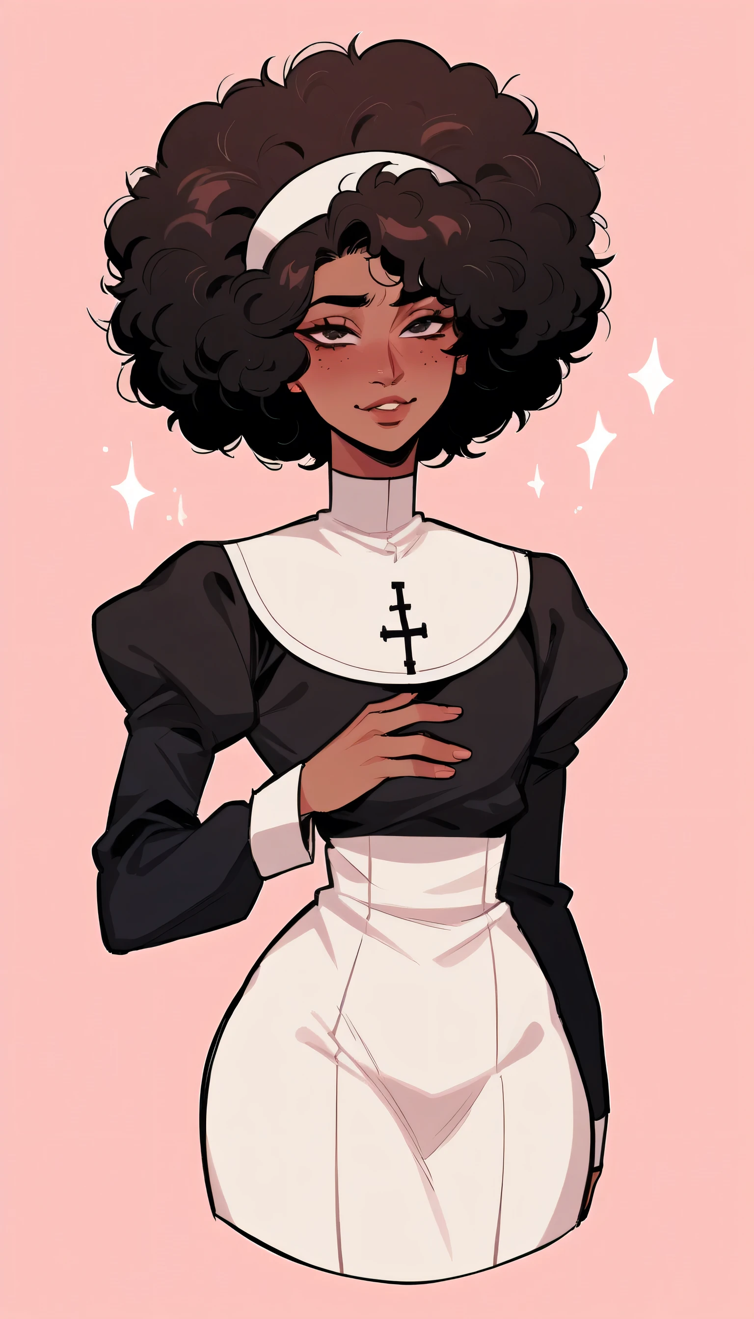 better quality, very detailed illustration short ruffled voluminous bouncy hair , afro hair, playful look, delgado, ideal body, thin waist , wide hips, simple drawing, Artifyber style , pastel flat colors , nun outfit, sexy, close up, femboy