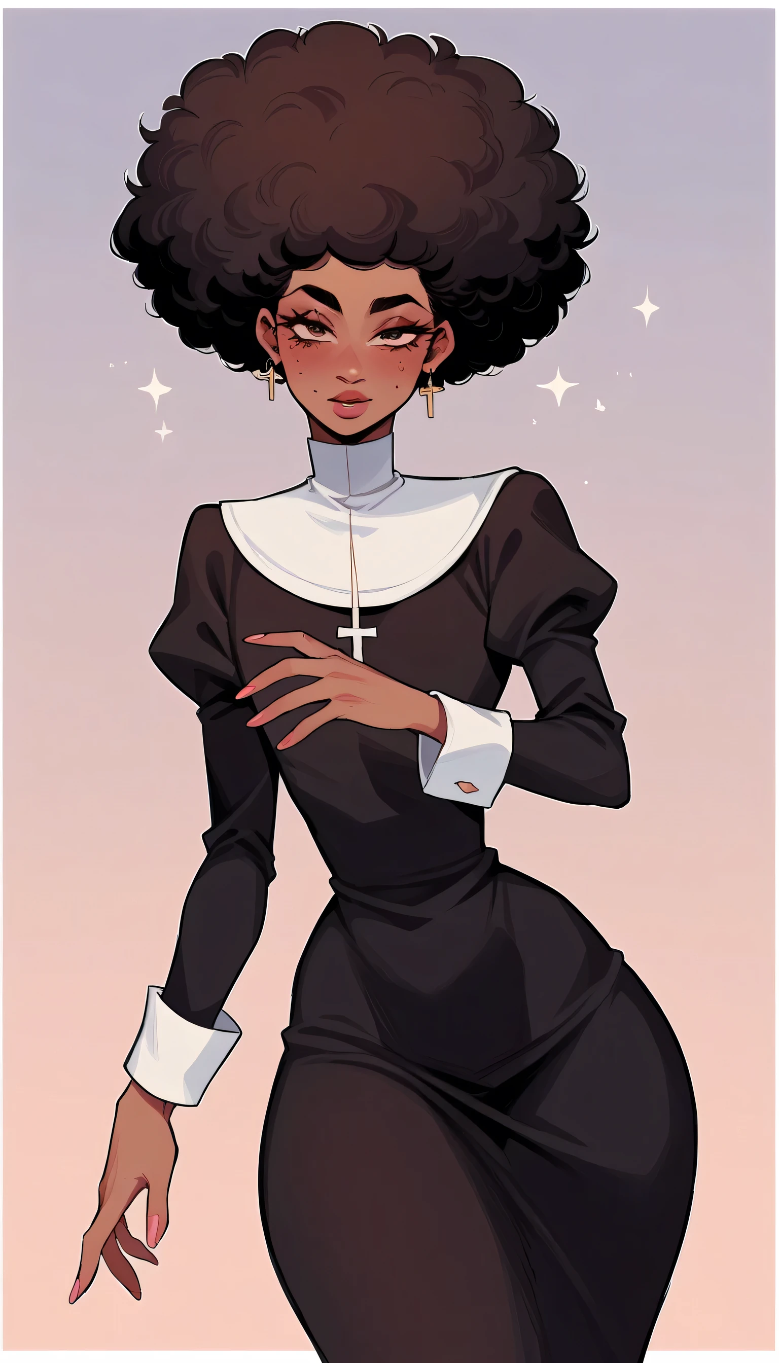 better quality, very detailed illustration short ruffled voluminous bouncy hair , afro hair, playful look, delgado, ideal body, thin waist , wide hips, simple drawing, Artifyber style , pastel flat colors , nun outfit, sexy, close up, femboy