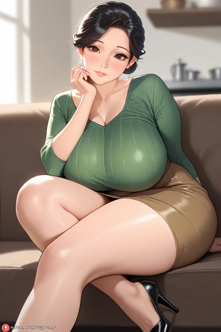 (8k, RAW photo, best quality, masterpiece:1.2),1girl,solo,short hair,black hair,black shirt,,red skirt,pencil skirt,breasts,cleavage,looking at viewer, outdoors,school,