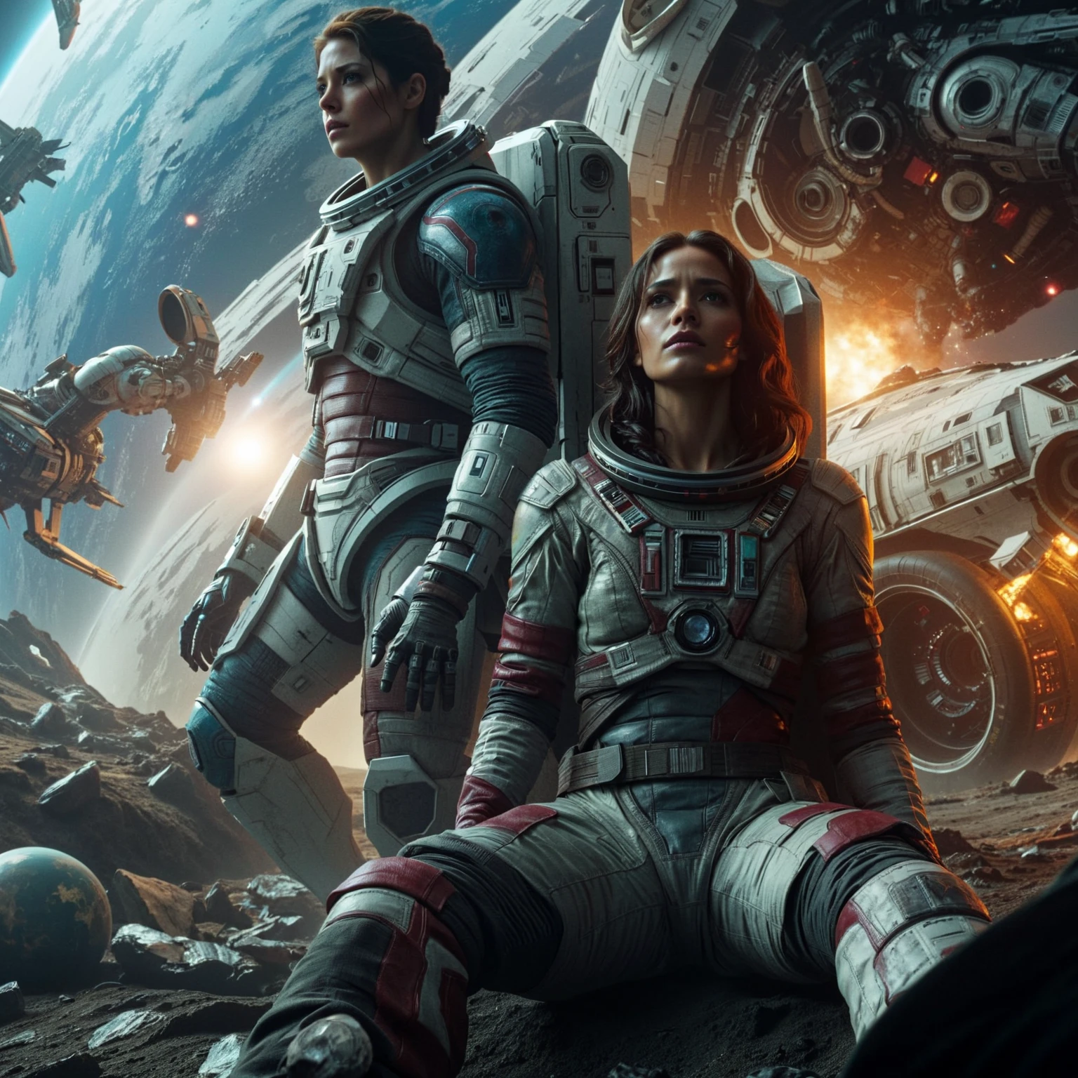 two astronauts in spaces standing in front of a wrecked plane, astronauts, dusty space suit,  dramatic sci-fi movie still, interstellar space suit, spaceship crash on alien planet, 8 k movie still, sci-fi cinematic movie still, vrecked spacesip in background, 