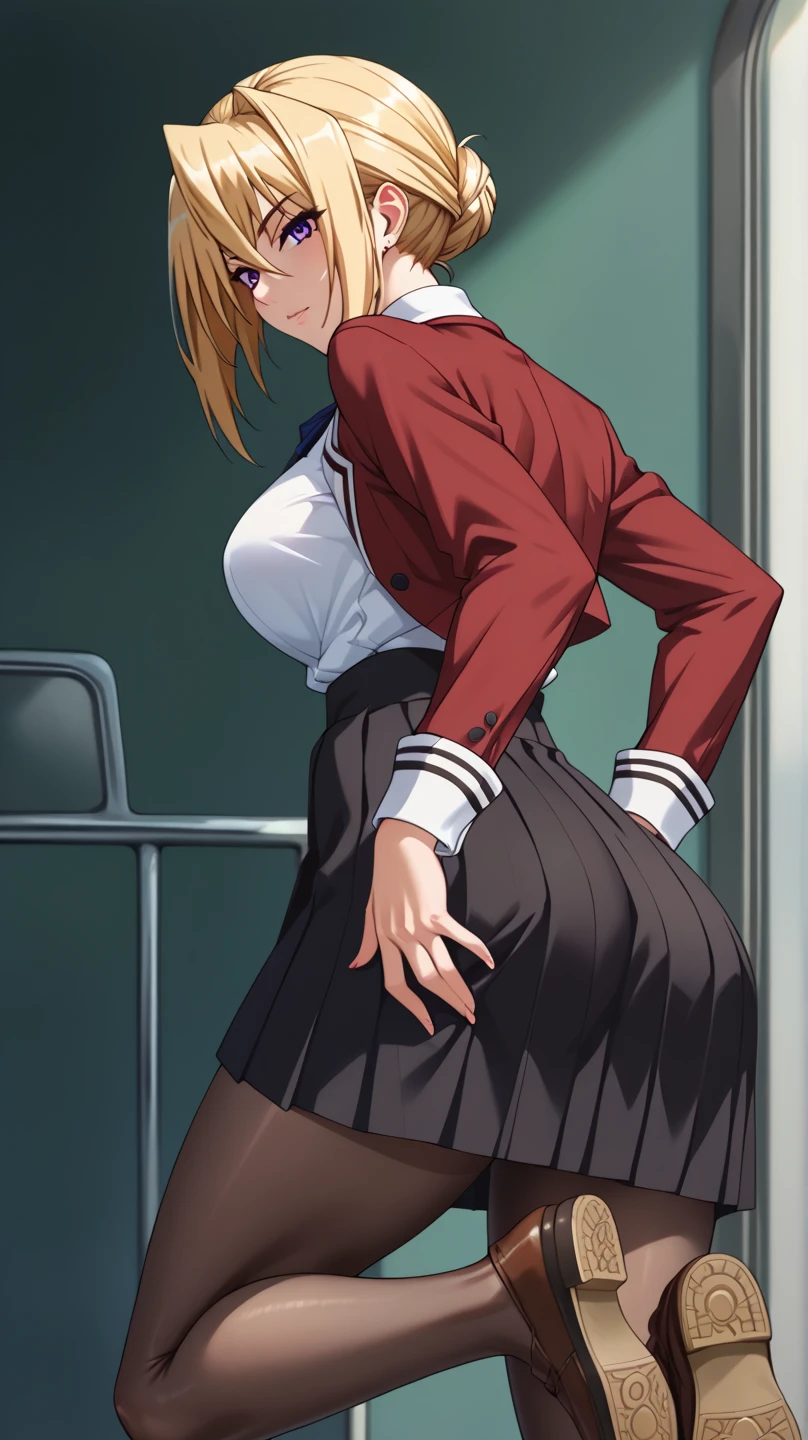 masterpiece, highest quality, 1 girl, one body, looking at the viewer, super detailed, High resolution, Very detailed CG, 1st Default, first closing, (first hairstyle), ３０mature adult woman, long sleeve, garden, red面, smile, cowboy shot, (red_Jacket:1.5), whiteのシャツ, earrings,  Ascot, brooch, (red_pencil skirt:1.5), (red_lips 1.5), whiteい太もも, huge breasts, (両footを揃える), Are standing, (from behind:1.5), (very big_おbutt:1.5), (very big_lower body:1.5), (Very thick_foot:1.5), (buttの間近_perspective:1.5), (with both hands_skirt lift:1.5), (push back_butt:1.5), (panties丸見え:1.5), (white_panties:1.5)
